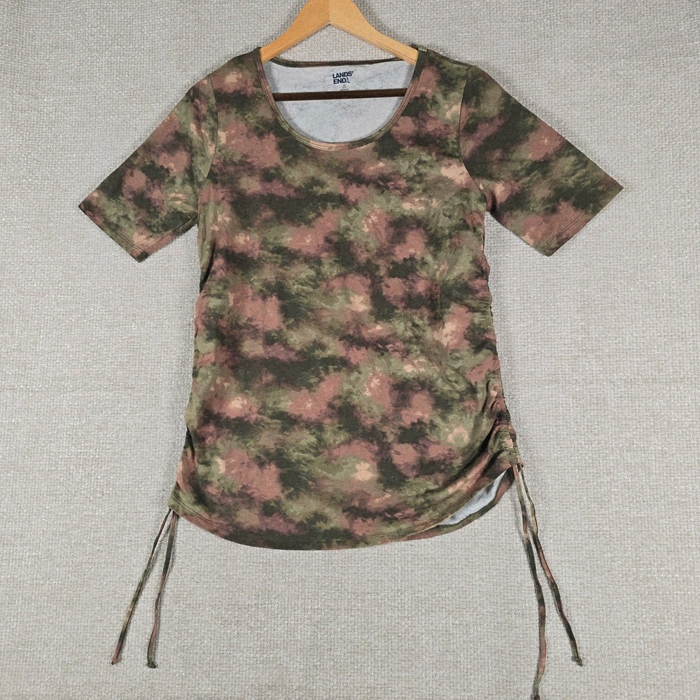 Lands' End Womens Green Camo Tie Dye Ruched Side Drawstring Tee Shirt M 10-12